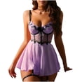 thumbnail image 1 of Women's Babydoll Lingerie Set Lace Mesh Chemise Mini Dress Thongs with Garter Belt Nightwear, 1 of 6