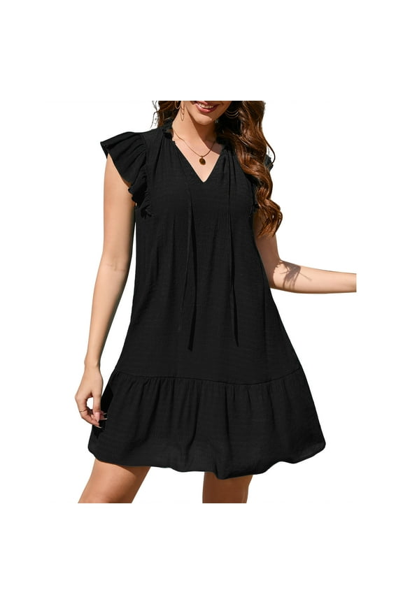 Women's Babydoll Mini Dress Summer V Neck Flutter Sleeve Boho Floral Flowy Shift Short Dress