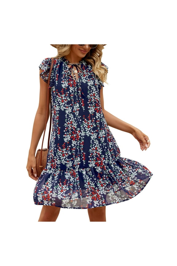 Women's Babydoll Mini Dress Summer V Neck Flutter Sleeve Boho Floral Flowy Shift Short Dress