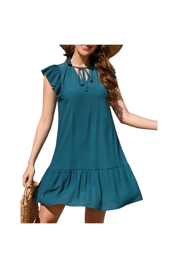 Women's Babydoll Mini Dress Summer V Neck Flutter Sleeve Boho Floral Flowy Shift Short Dress