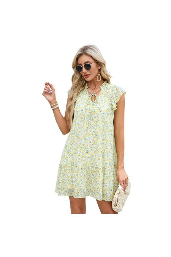 Women's Mini Dress Summer V Neck Flutter Sleeve Boho Floral Flowy Shift Short Dress