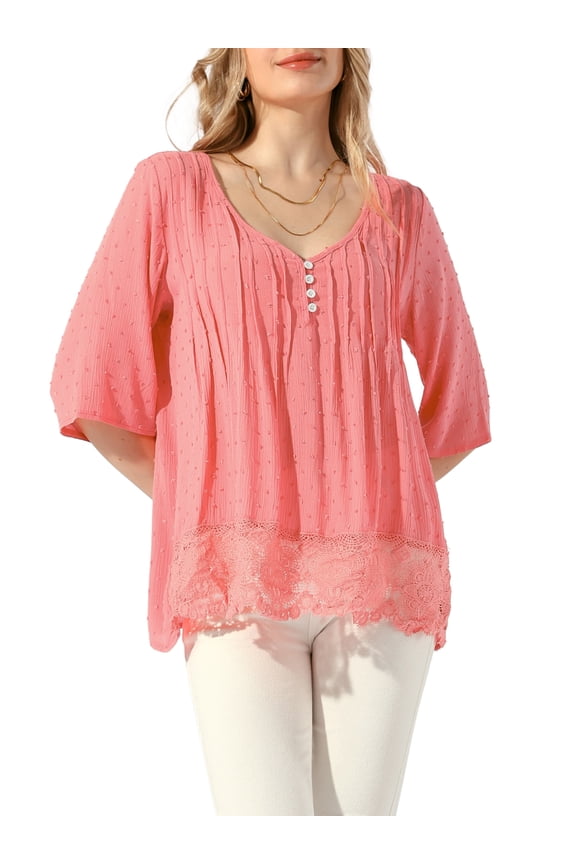 INSPIRE CHIC Women's Babydoll Peplum Top Half Sleeve V Neck Shirts Flower Pleats Casual Blouses Lace Tops M Watermelon Red