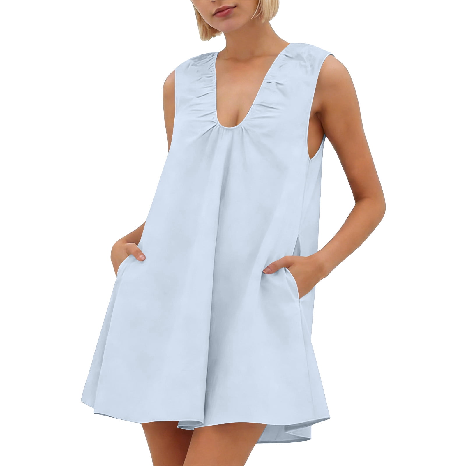 Women's Babydoll Tank Mini Dress Sleeveless Pleated Bubble Dress with Pockets Summer Party Aline Dresses Light Blue, S