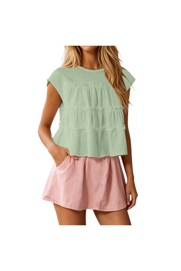 Women’s Babydoll Tops Tiered Ruffle Round Neck Blouse Cap Sleeve Crinkle Shirt 2026 Spring Summer Solid Clothes