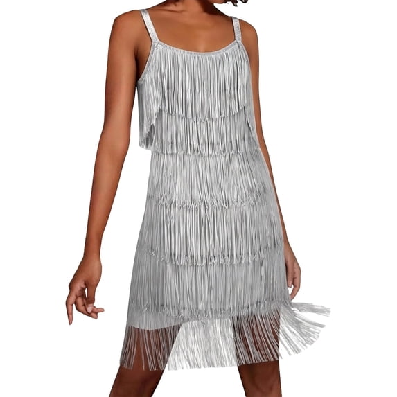 Women's Back Fringe Sleeveless Prom A Line Dress Strapless Dress Grey XL