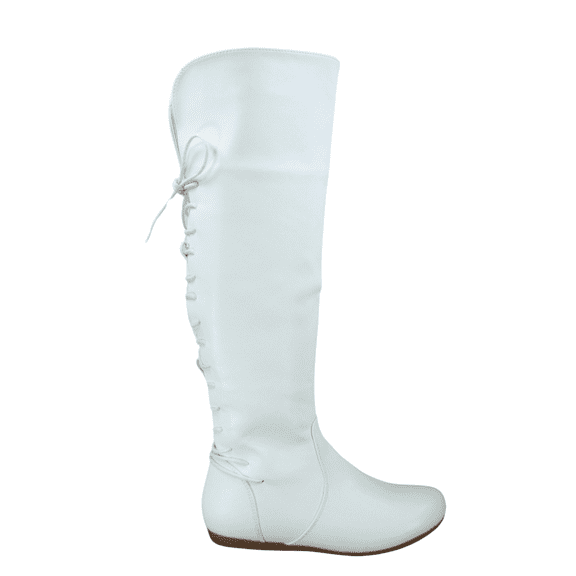 Women's Back Lace Side Zipper Knee High Casual Flat Heel Boots Shoes ( White, 6.5)