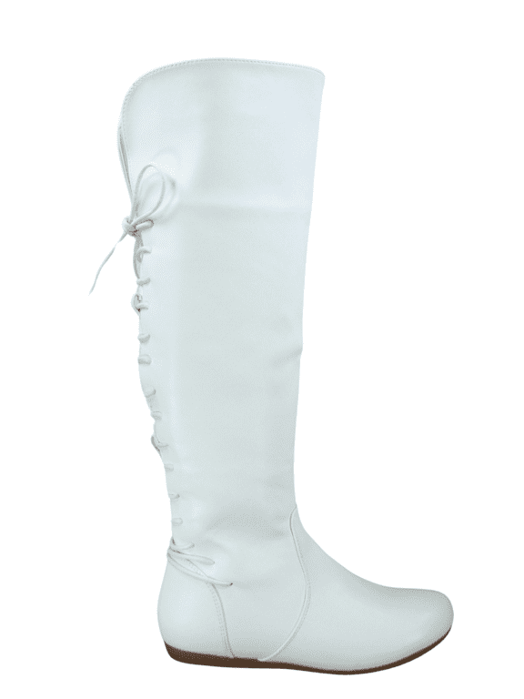 Women's Back Lace Side Zipper Knee High Casual Flat Heel Boots Shoes ( White, 7)