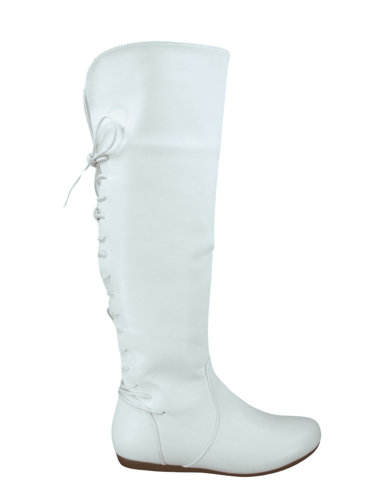 White Lace Up Knee High Boots Flat Women's Back Lace Side Zipper