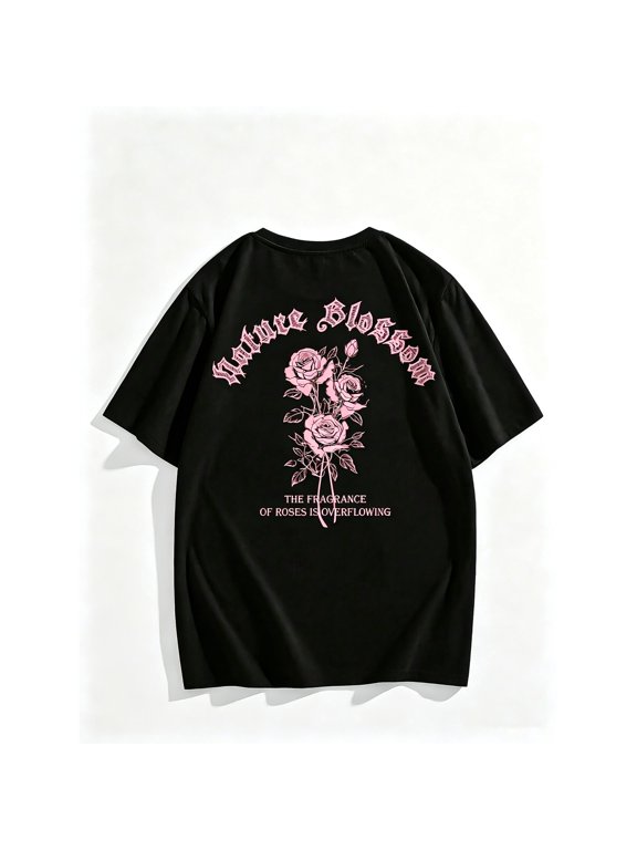 Women's Back Print Rose Floral Graphic T‑Shirt Cotton Black Short Sleeve Crewneck Oversized