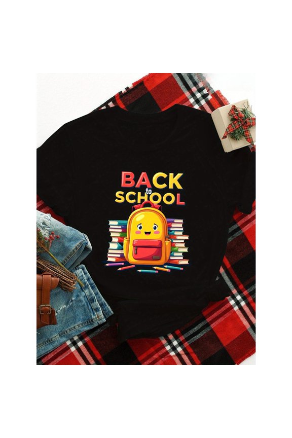Women's Back to School T-Shirt Smiling Backpack Graphic Tee Fashion Casual Everyday Top Black S-5XL