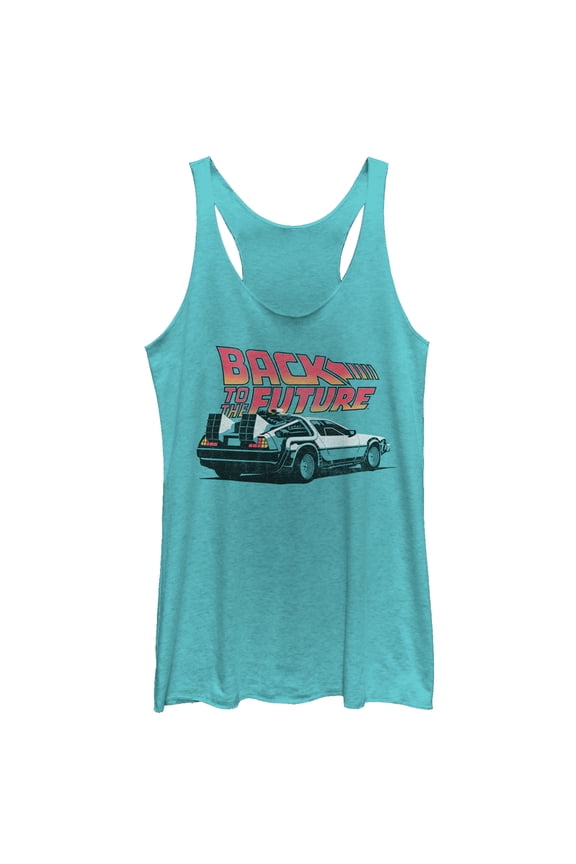 Women's Back to the Future DeLorean Cartoon Racerback Tank Top Tahiti Blue Large