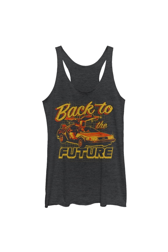 Women's Back to the Future DeLorean Schematic Print Racerback Tank Top Black Heather Large