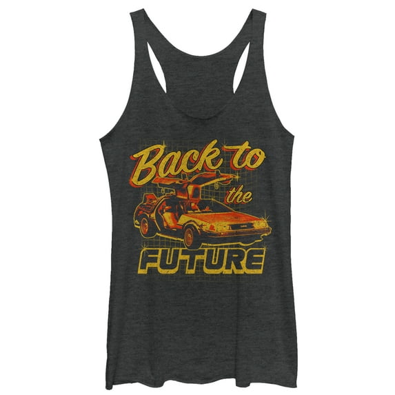 Women's Back to the Future DeLorean Schematic Print Racerback Tank Top Black Heather Medium