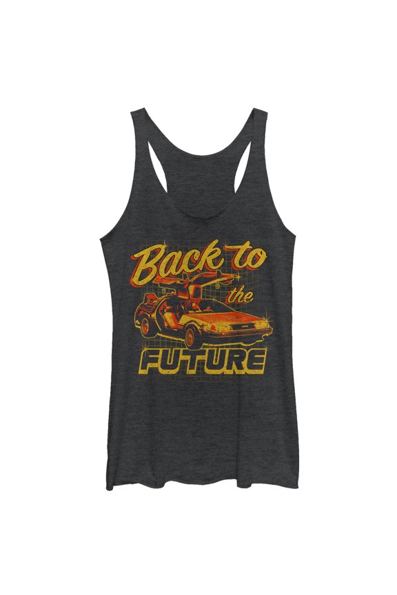 Women's Back to the Future DeLorean Schematic Print Racerback Tank Top Black Heather Medium