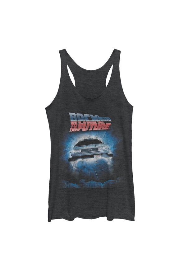 Women's Back to the Future Retro DeLorean Poster Racerback Tank Top Black Heather Medium