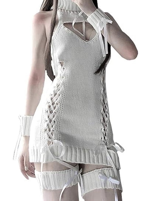 Women's Backless Anime Cosplay Sweater Japan Style Turtleneck Pullover Knitted Uniform Costume Bandage Vest with Arm Bands White