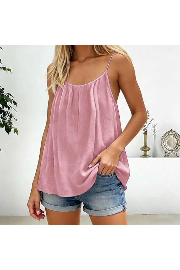 Women's Backless Cami Tops, Summer Casual Sleeveless Boho Ruffle Beach Tank Tops with Adjustable Spaghetti Strap, Loose Fit Vacation Wear