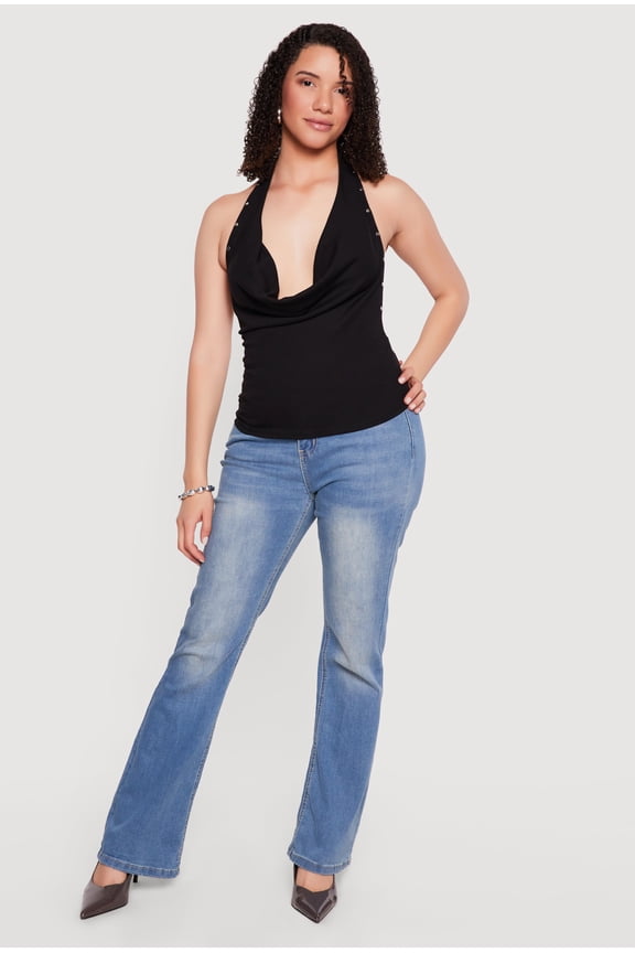 Women's Backless Cowl Neck Studded Detail Halter Top