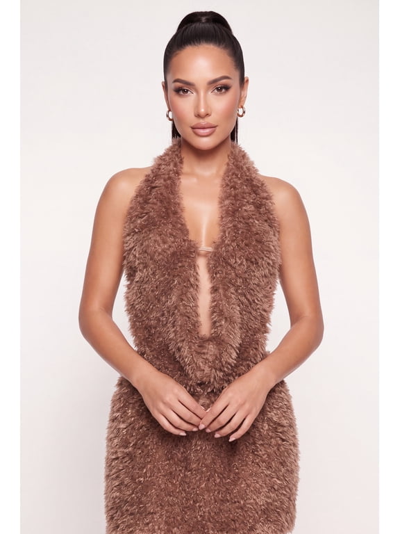 Women's Backless Faux Fur Halter Top