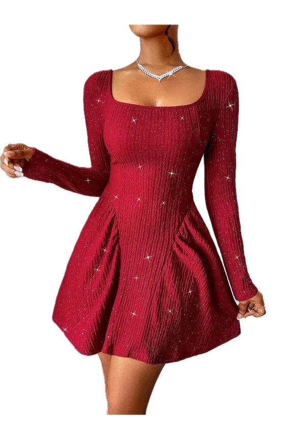 Women's Backless Glitter Square Neck Long Sleeve Mini Dress Ruched Sheer Bodice Opaque Stretch Fabric Polyester Elastane