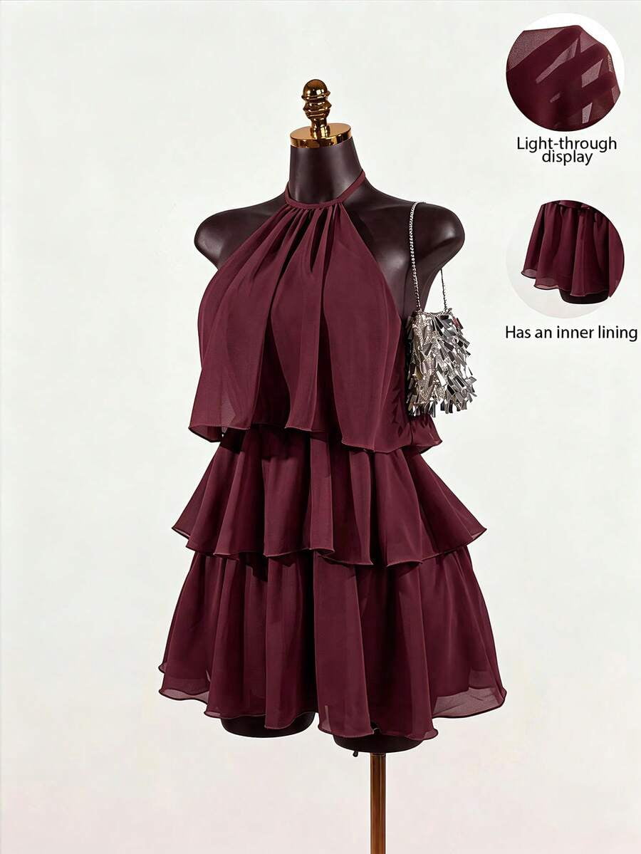 Women's Backless Halter Neck Mini Dress, Tiered Ruffle Layer Design ...