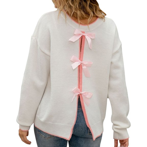 Women's Backless Knit Sweater with Bow Tie, Sexy Round Neck Long Sleeve Pullover, Warm Lightweight Loose Fit for Daily Casual Wear, Dating, Vacation and Holiday Events White L