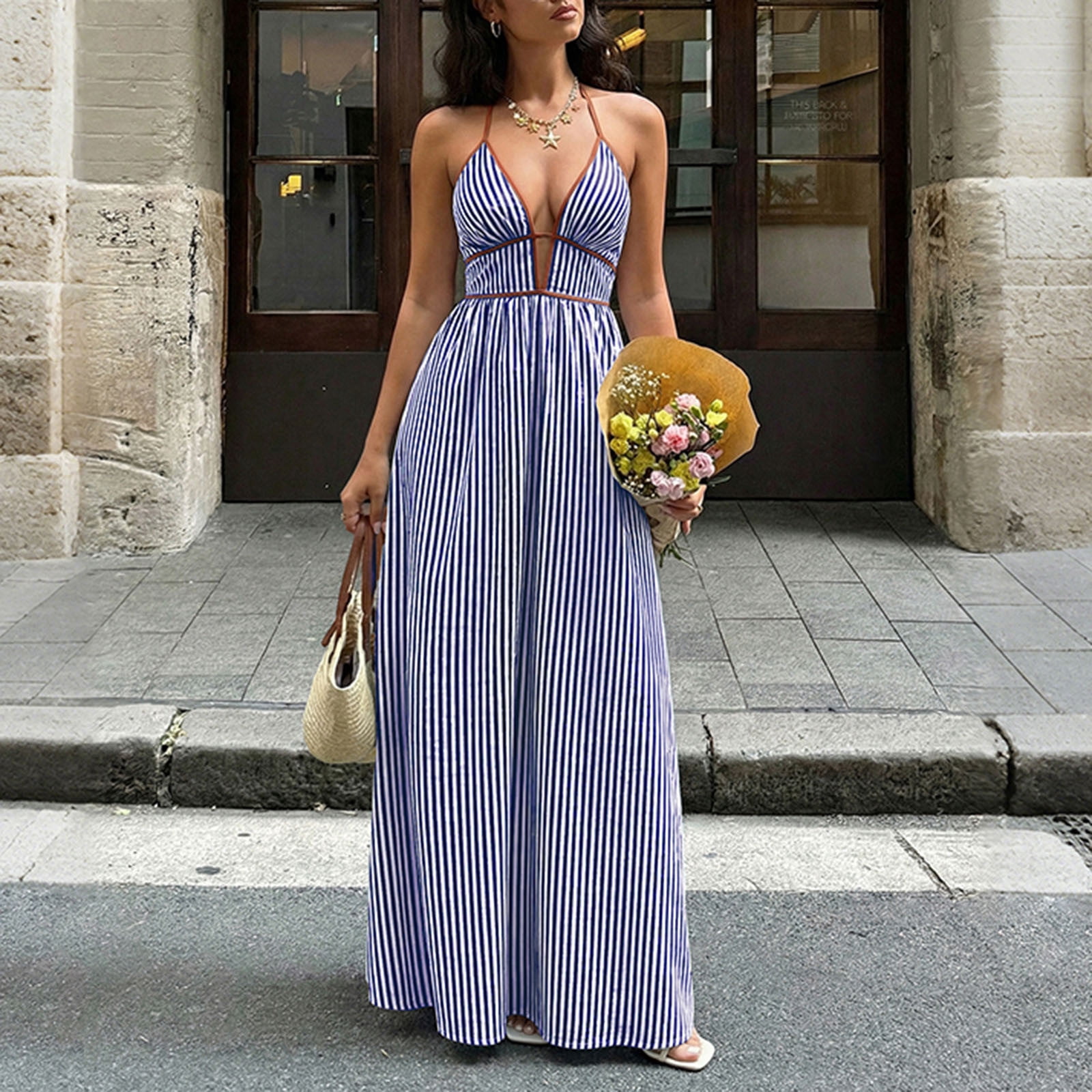 maxi backless dress summer Women's Dress, Deep V-Neck Stripe Print, Flowy Long for Beach or Vacation, 2026 New Limited-time Offer Color:Bubblegum