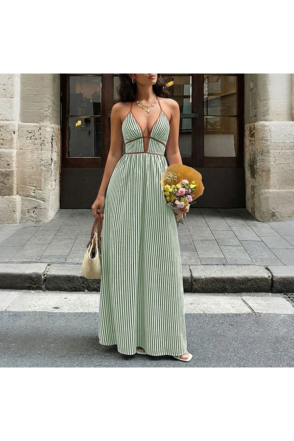 Women's Backless Maxi Dress, Deep V-Neck Stripe Print, Flowy Long Dress for Summer Beach or Vacation, 2026 New Limited-time Offer