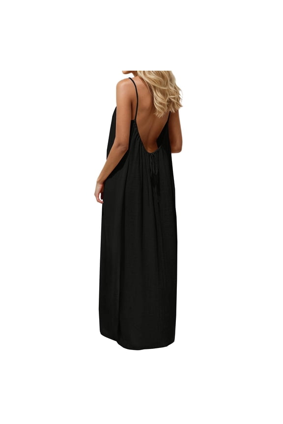 Women's Backless Maxi Dress, Solid Color Spaghetti Strap Loose Fit Long Dress, Casual Sleeveless Beach Dress for Vacation, Summer and Daily Wear Black XXL