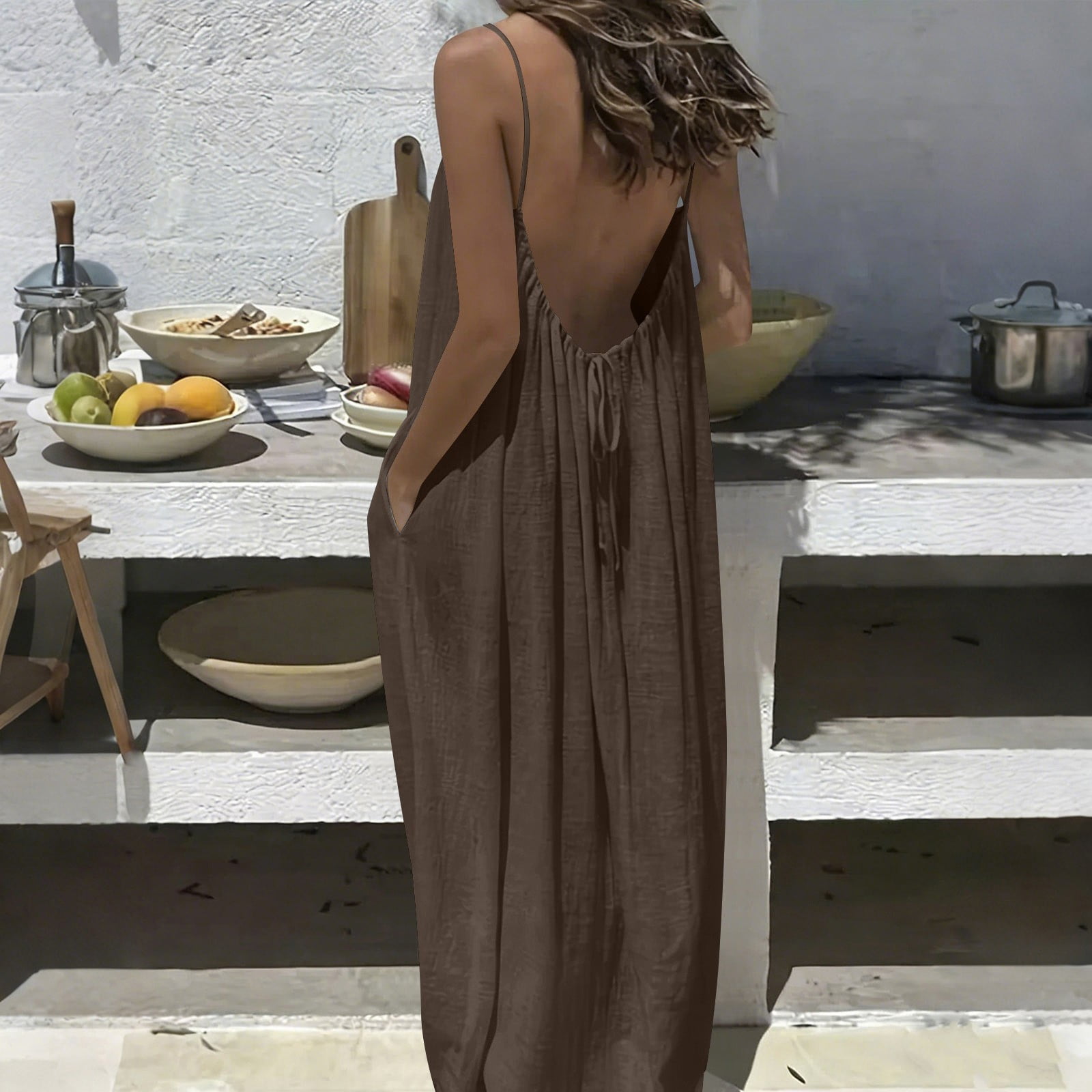 backless maxi dress wedding guest Women's Backless Maxi Dress Spaghetti Strap Low Back Tie Detail Sleeveless  Loose Flowy Long Sun Dress For Summer Beach Wedding Guest Party Club