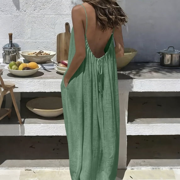 Women's Backless Maxi Dress Spaghetti Strap Low Back Tie Detail Sleeveless Loose Flowy Long Sun Dress For Summer Beach Wedding Guest Party Club