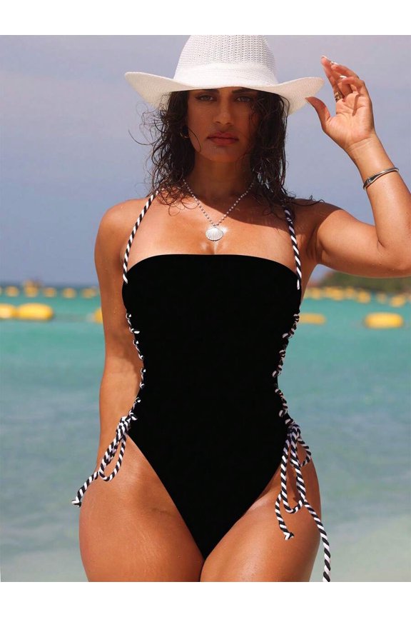 Women's Backless One-Piece Swimsuit with Lace-Up Side Detail