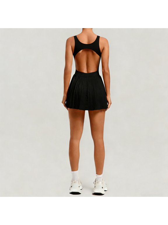 Women's Backless Pleated Tennis Workout Dress – Versatile Athletic Skort Romper for Women in Sizes S to XL, Breathable Polyester Gym Sportswear for Summer