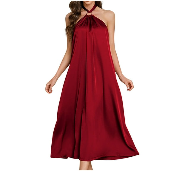 Women’s Backless Satin Halter Nightgown – Adjustable Neck Long Silk Dress