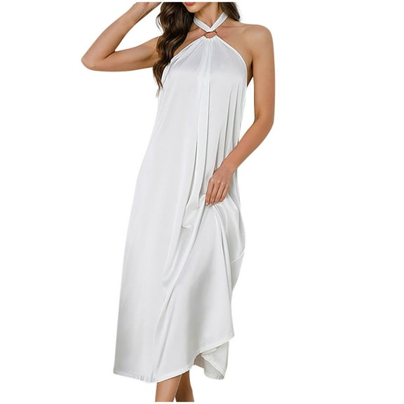 Women’s Backless Satin Halter Nightgown – Adjustable Neck Long Silk Dress
