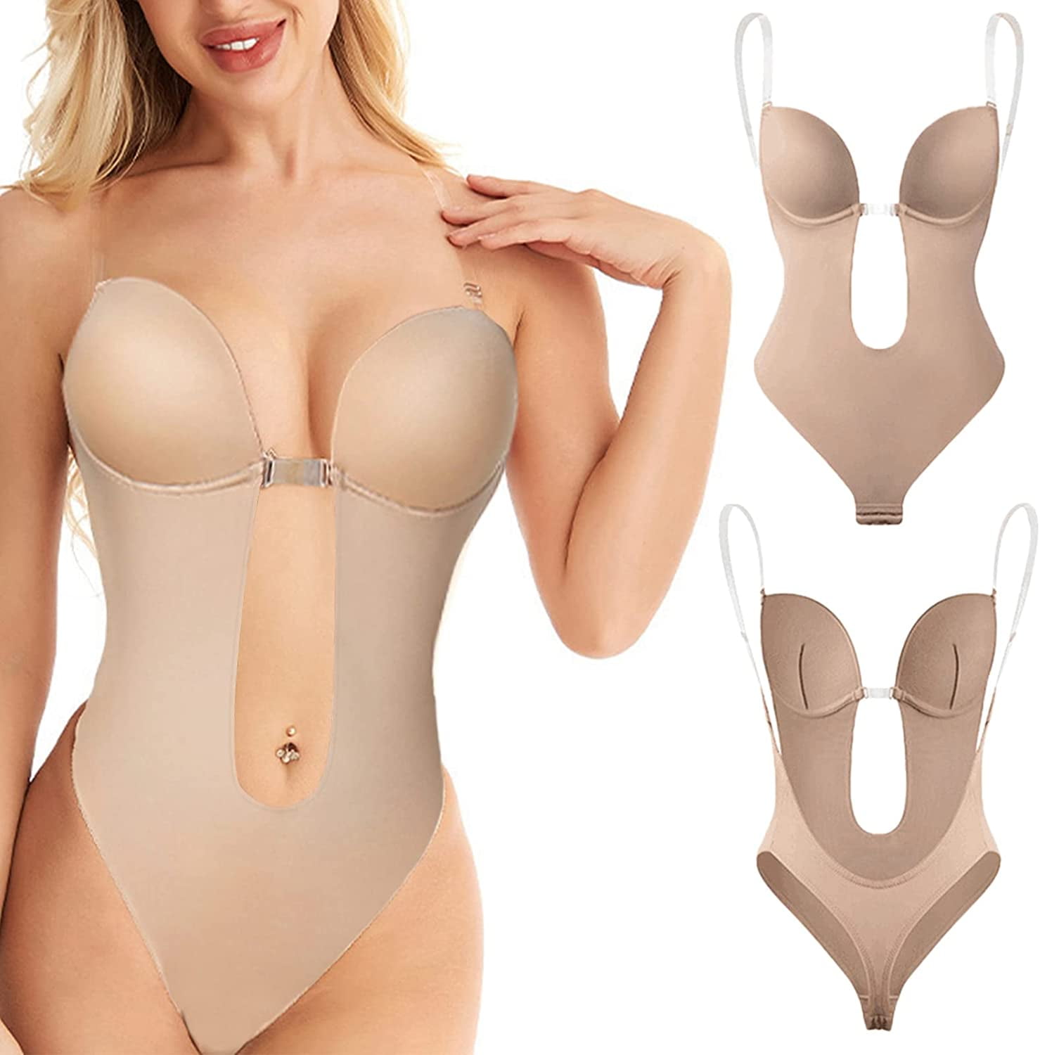Womens Shapew One Piece Clear Straps Deep V Plunge Push Up Bra Backless  Bodysuit