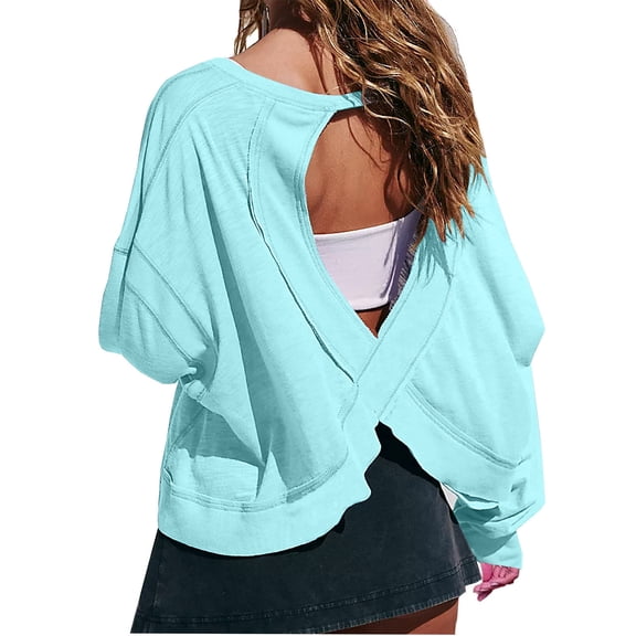 Women's Backless Shirt Long Sleeve Open Back Cross Tee Top Blouse Loose Fit Pleated Solid Color Round Neck Pullover