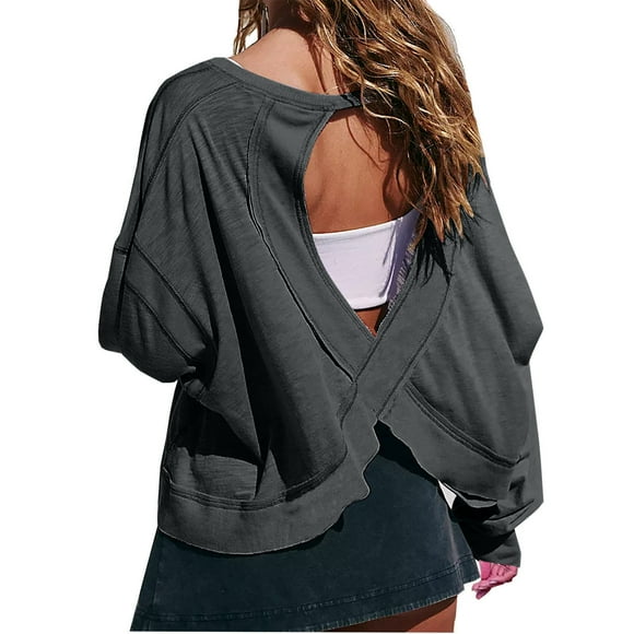 Women's Backless Shirt Long Sleeve Open Back Cross Tee Top Blouse Loose Fit Pleated Solid Color Round Neck Pullover