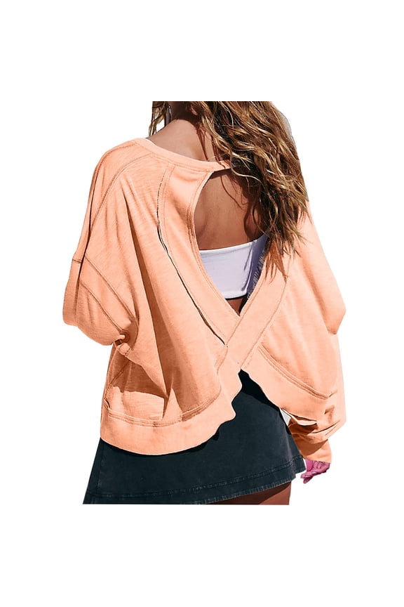Women's Backless Shirt Long Sleeve Open Back Cross Tee Top Blouse Loose Fit Pleated Solid Color Round Neck Pullover
