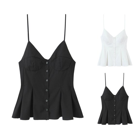 Women's Backless Sleeveless Tank Tops Skirt Hem Pleated Short V-Neck Camisole Slim Tees with Button Decor Black,Size XS