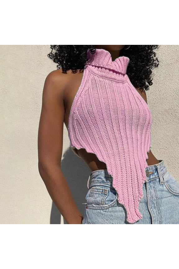 Women's Backless Turtleneck Irregular Knit Vest Slim Fit Solid Color Sweater