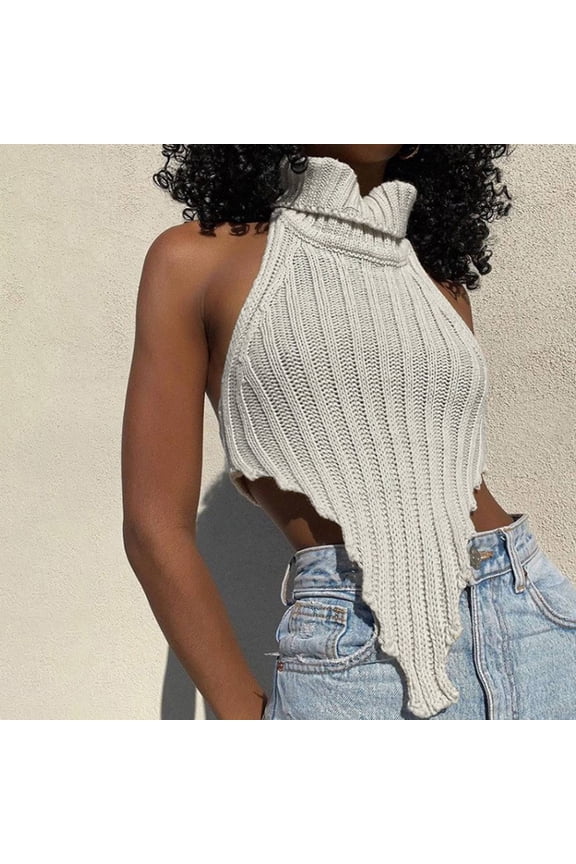 Women's Backless Solid Turtleneck Irregular Knit Vest Slim Fit Sweater