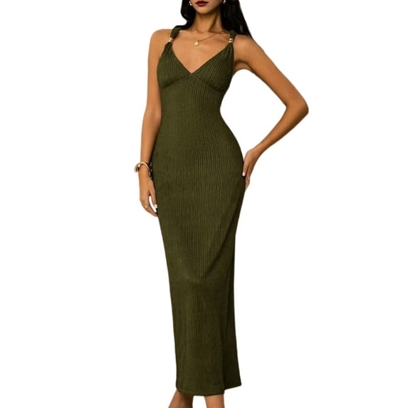 Women's Backless Spaghetti Strap Camis Long Slip Dress Guest Outfit for Wedding Summer Olive Green L