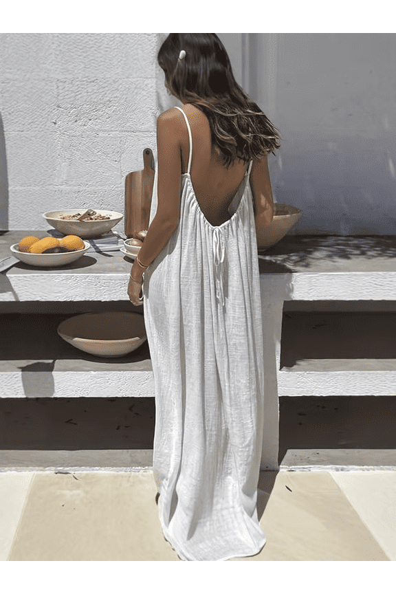 Women's Backless Spaghetti Strap Maxi Dress – Adjustable Open Back Cami Long Dress, Lightweight Cotton Linen Summer Vacation Dress