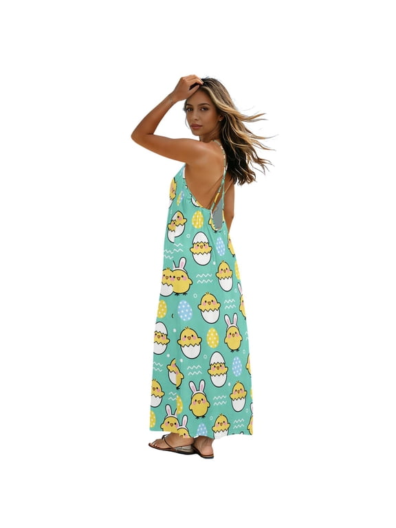 Women’s Backless Spaghetti Strap Maxi Dress Casual Flowy A-Line Long Dress with Crisscross Tie Back Cute Cartoon Yellow Chick