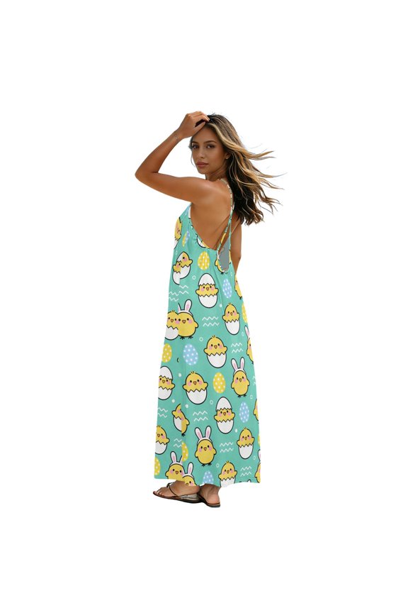 Women’s Backless Spaghetti Strap Maxi Dress Casual Flowy A-Line Long Dress with Crisscross Tie Back Cute Cartoon Yellow Chick