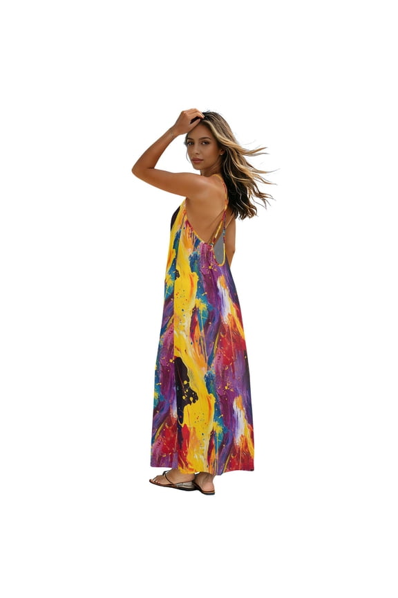 Women’s Backless Spaghetti Strap Maxi Dress Casual Flowy A-Line Long Dress with Crisscross Tie Back Flames and Sparks Painting