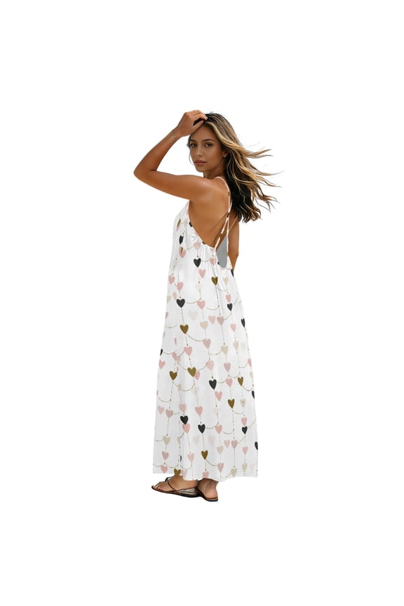 Women’s Backless Spaghetti Strap Maxi Dress Casual Flowy A-Line Long Dress with Crisscross Tie Back Hearts and String Garland