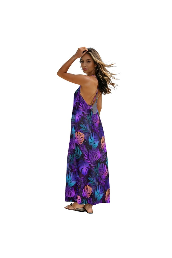 Women’s Backless Spaghetti Strap Maxi Dress Casual Flowy A-Line Long Dress with Crisscross Tie Back Neon Palm Leaves Pattern