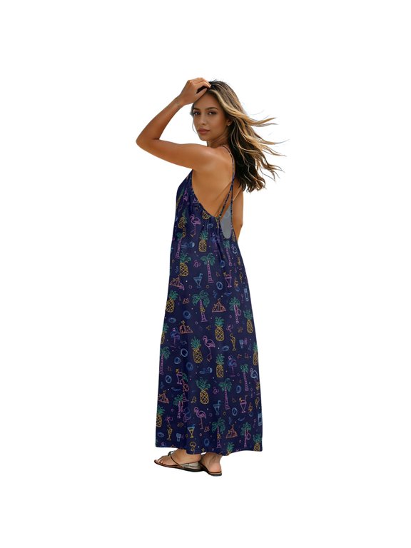 Women’s Backless Spaghetti Strap Maxi Dress Casual Flowy A-Line Long Dress with Crisscross Tie Back Palm Trees and Pineapples Pattern